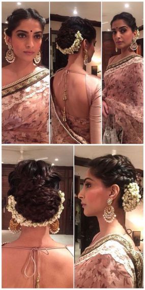 cross braided bun and an inverted gajra | Sonam Kapoor - Witty Vows
