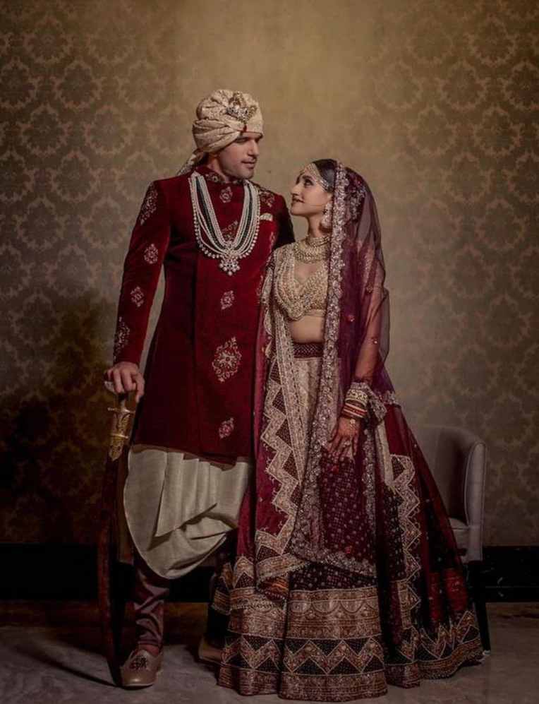 Matching sherwani with maroon on sale lehenga